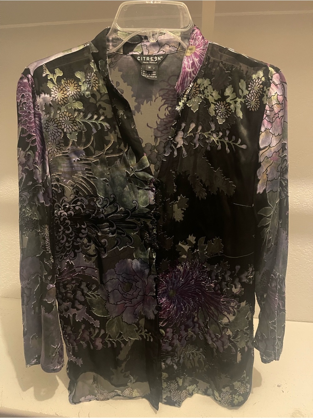 Women’s Citron Floral Burnout Mandarin Button Down Blouse M Chinoiserie tunic